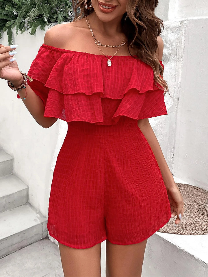 Off Shoulder Ruffle Trim Romper Without Belt