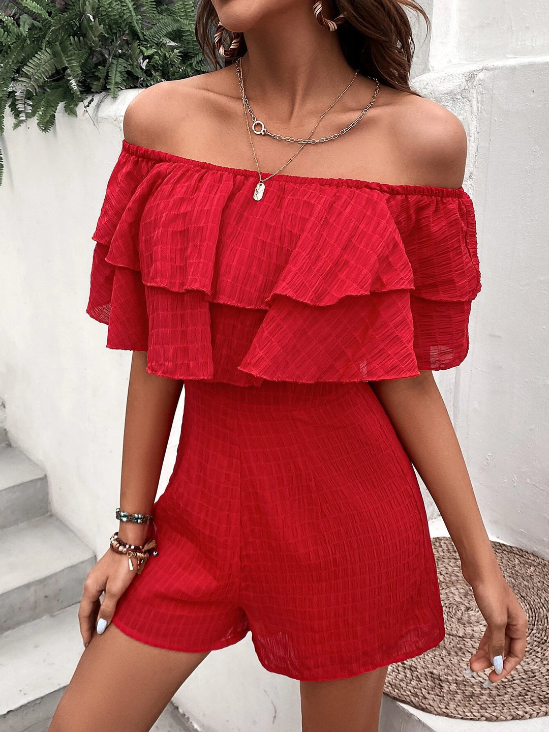 Off Shoulder Ruffle Trim Romper Without Belt