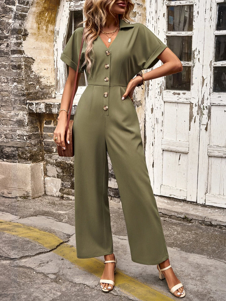 Button Front Batwing Sleeve Jumpsuit Without Belt