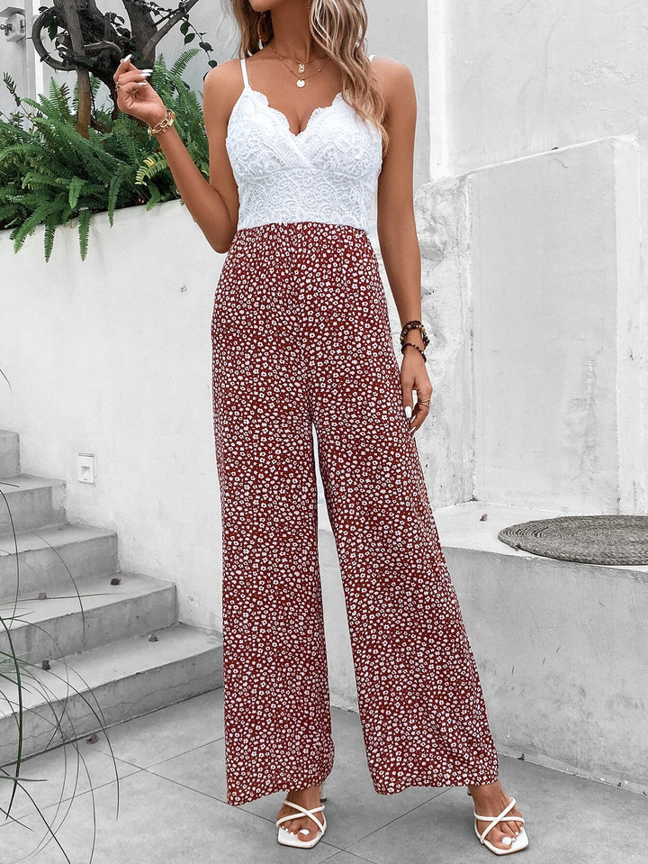 Floral Print Contrast Lace Jumpsuit