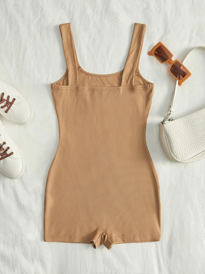 Sleeveless Solid Ribbed Knit Unitard Romper