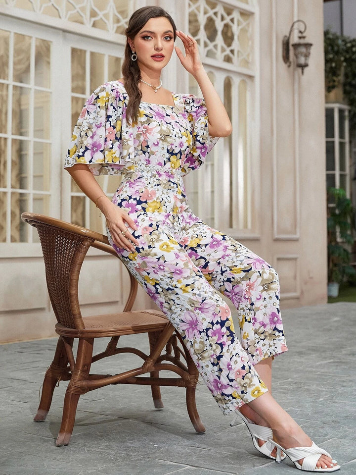 Floral Print Square Neck Butterfly Sleeve Jumpsuit