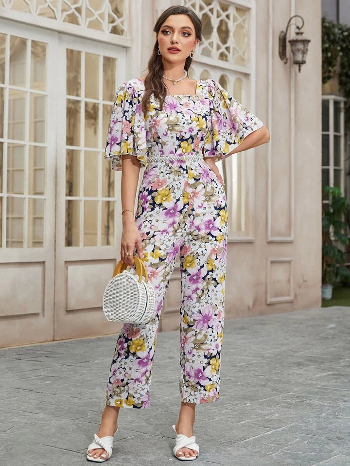 Floral Print Square Neck Butterfly Sleeve Jumpsuit