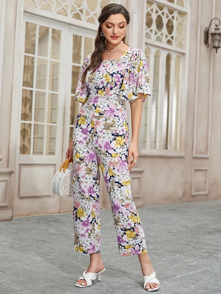 Floral Print Square Neck Butterfly Sleeve Jumpsuit