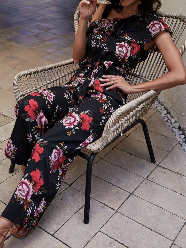 Floral Print Asymmetrical Neck Ruffle Trim Belted Jumpsuit