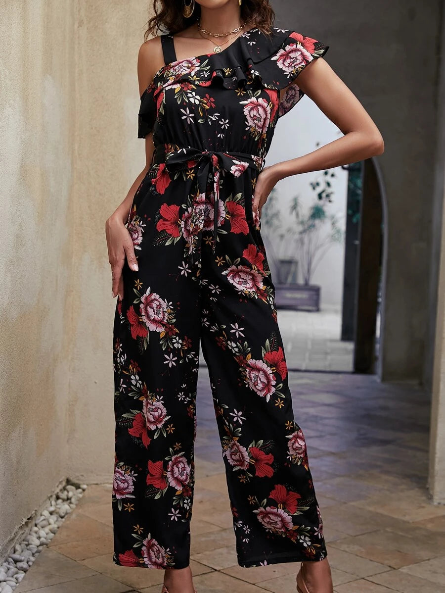 Floral Print Asymmetrical Neck Ruffle Trim Belted Jumpsuit