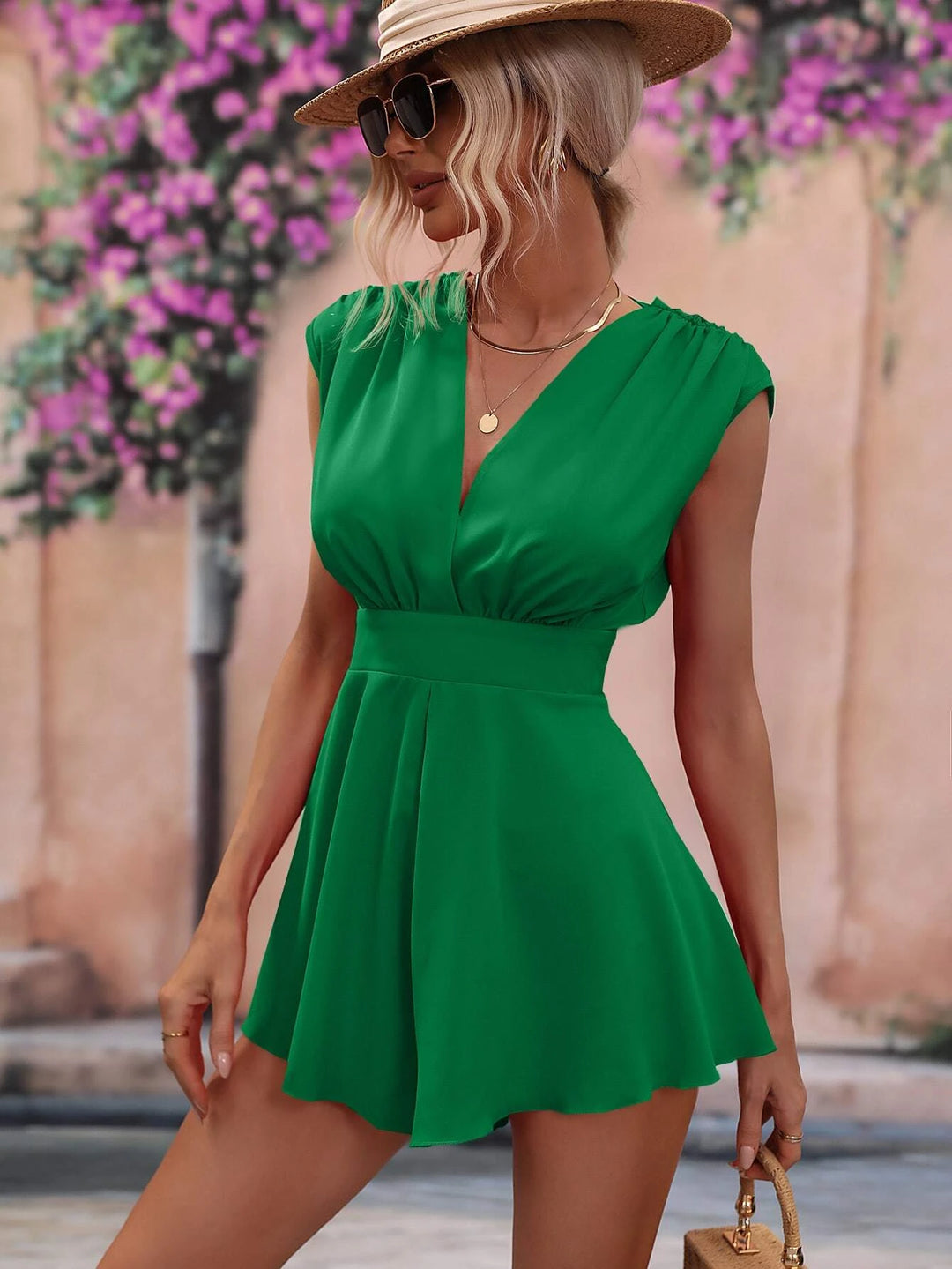 Solid Fold Pleated Detail Tie Backless Romper