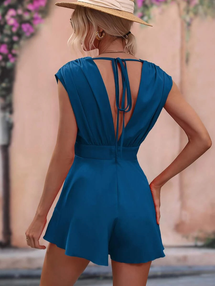 Solid Fold Pleated Detail Tie Backless Romper
