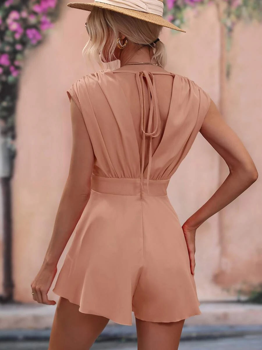 Solid Fold Pleated Detail Tie Backless Romper