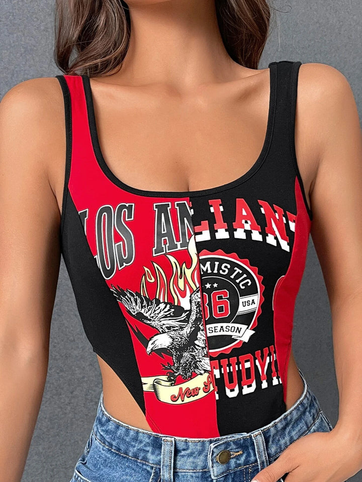 Letter Graphic Contrast Binding Tank Bodysuit