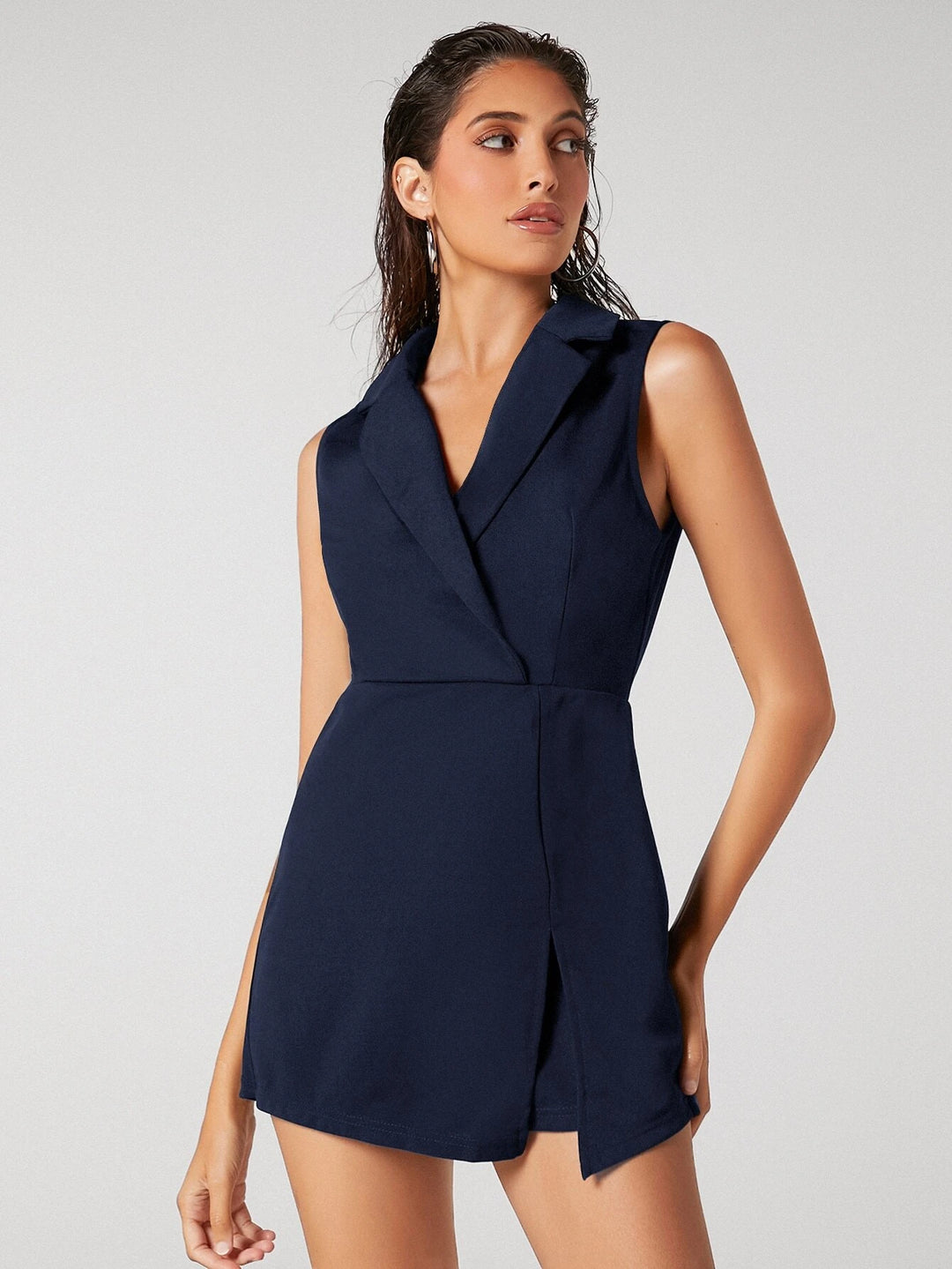 Lapel Neck Solid Wrap Romper