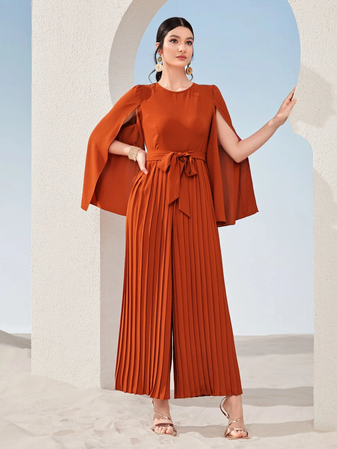 Long Sleeve Hem Belted Jumpsuit