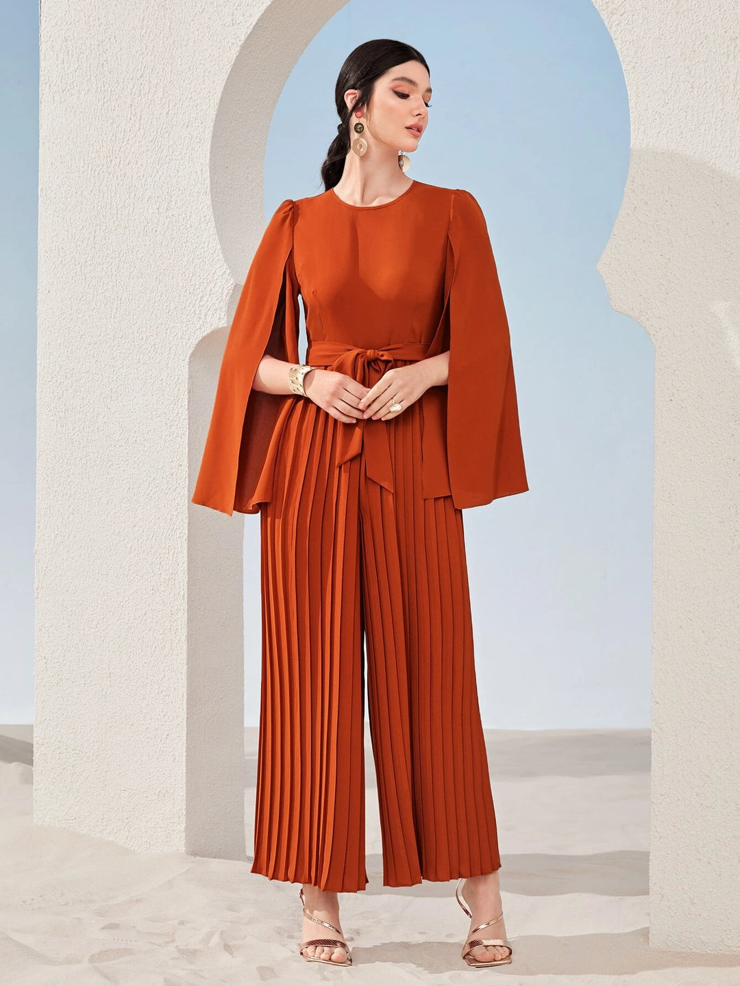 Long Sleeve Hem Belted Jumpsuit