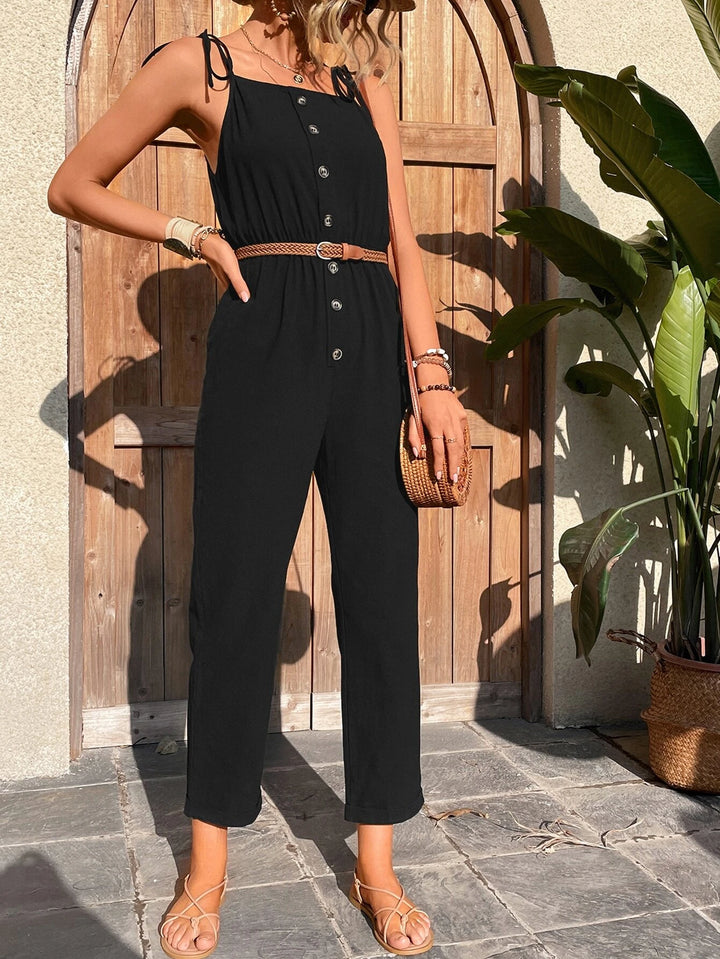 Tie Shoulder Button Front Cami Jumpsuit