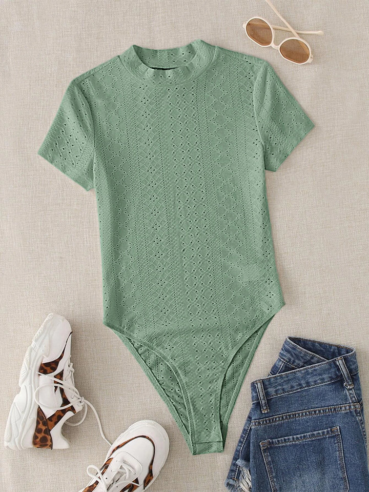 Mock Neck Eyelet Embroidery Bodysuit