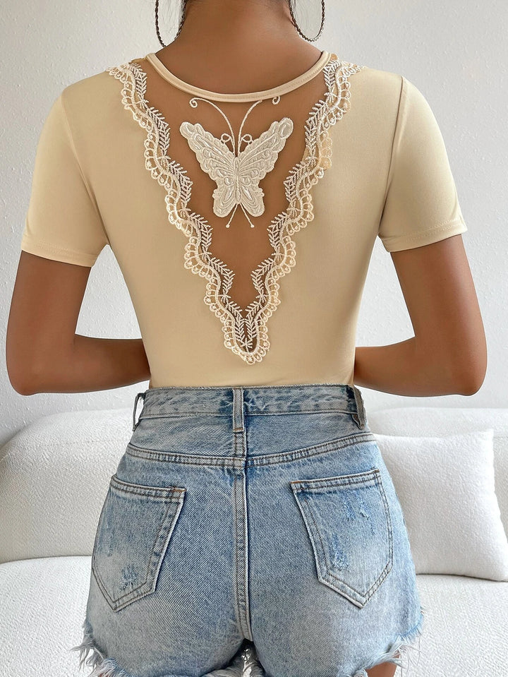 Butterfly Embroidery Contrast Lace Tee Bodysuit