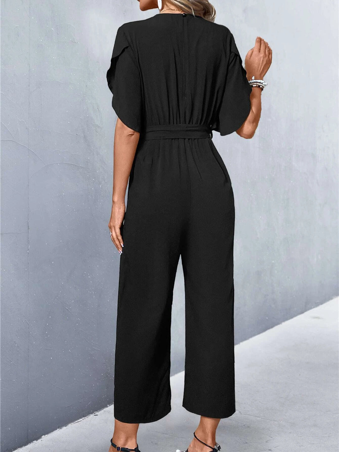 Lace Panel Petal Sleeve Belted Jumpsuit