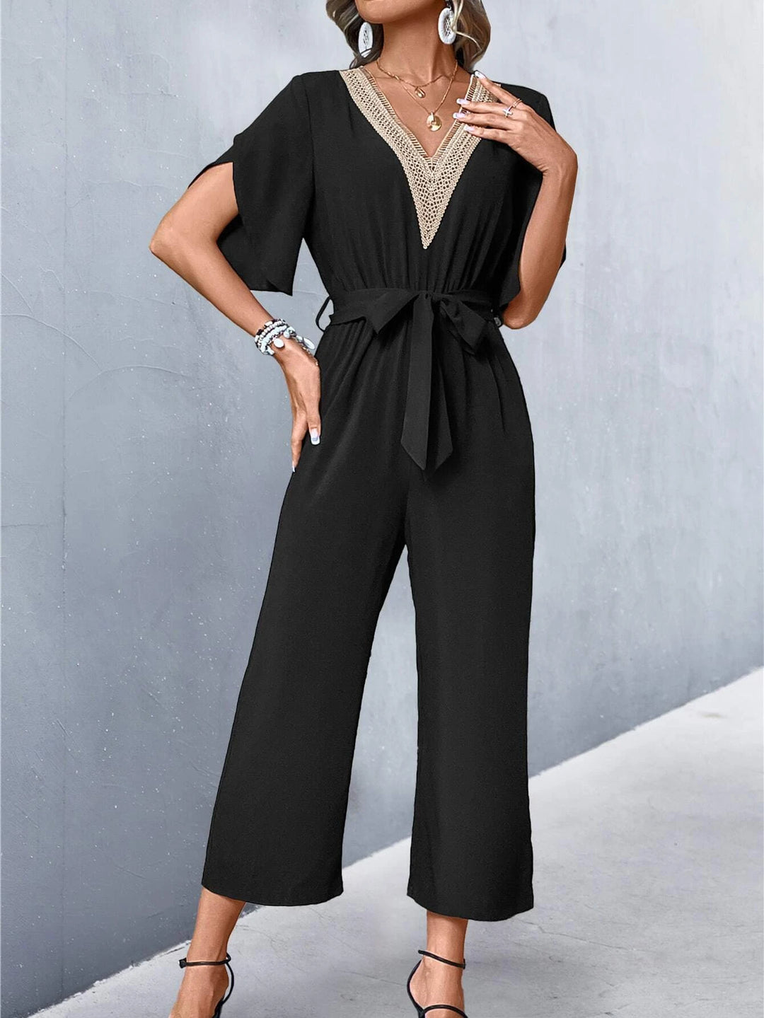 Lace Panel Petal Sleeve Belted Jumpsuit