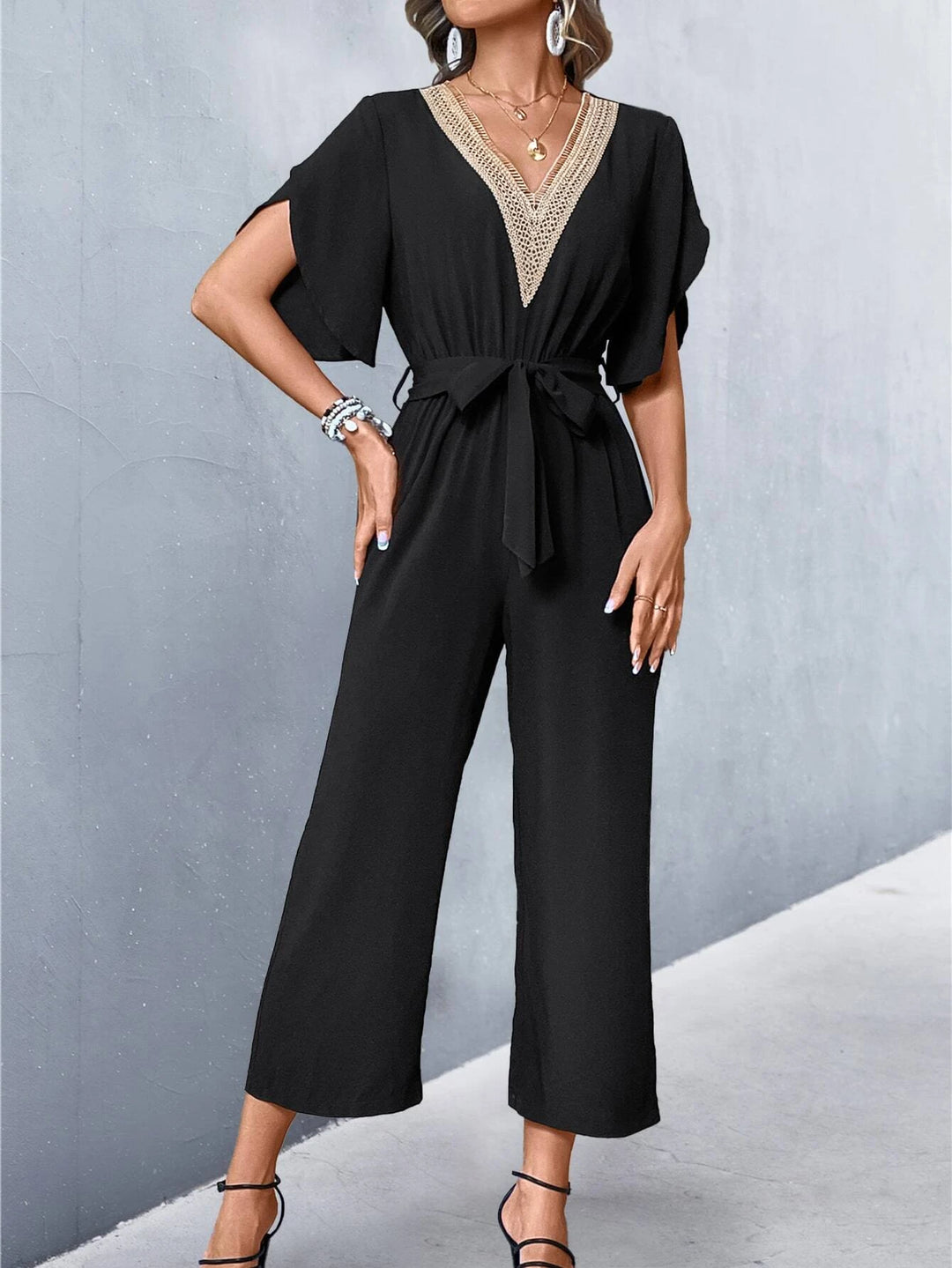 Lace Panel Petal Sleeve Belted Jumpsuit