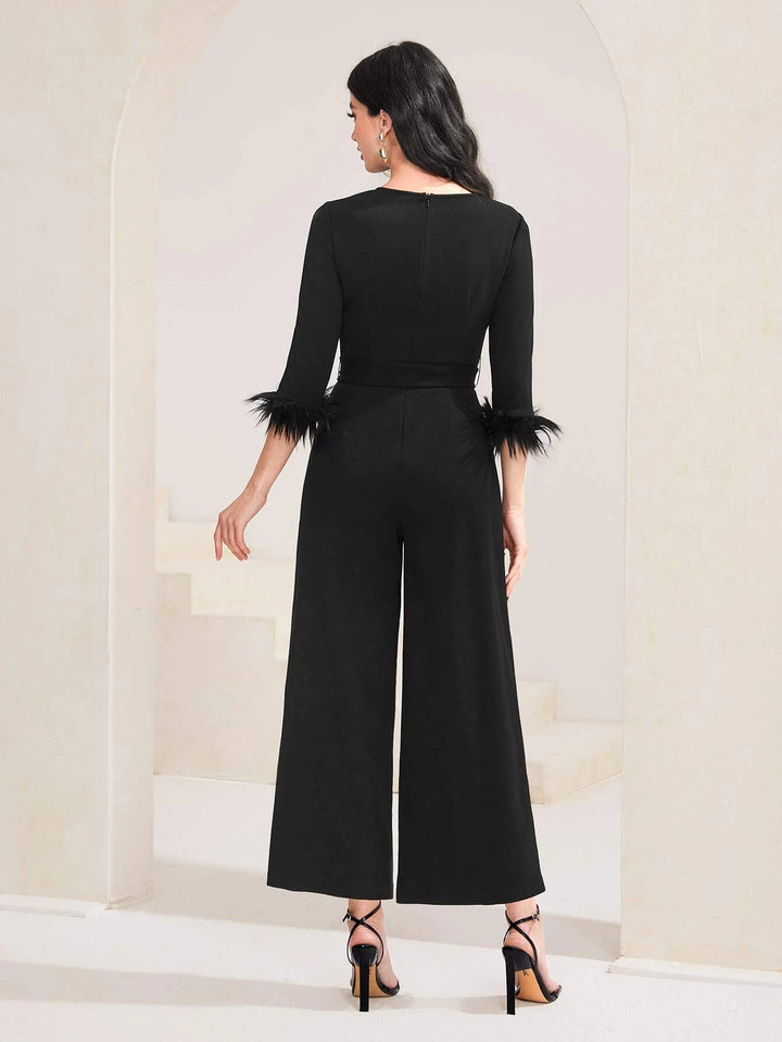 Rhinestone Detail Round Neck Belted Jumpsuit