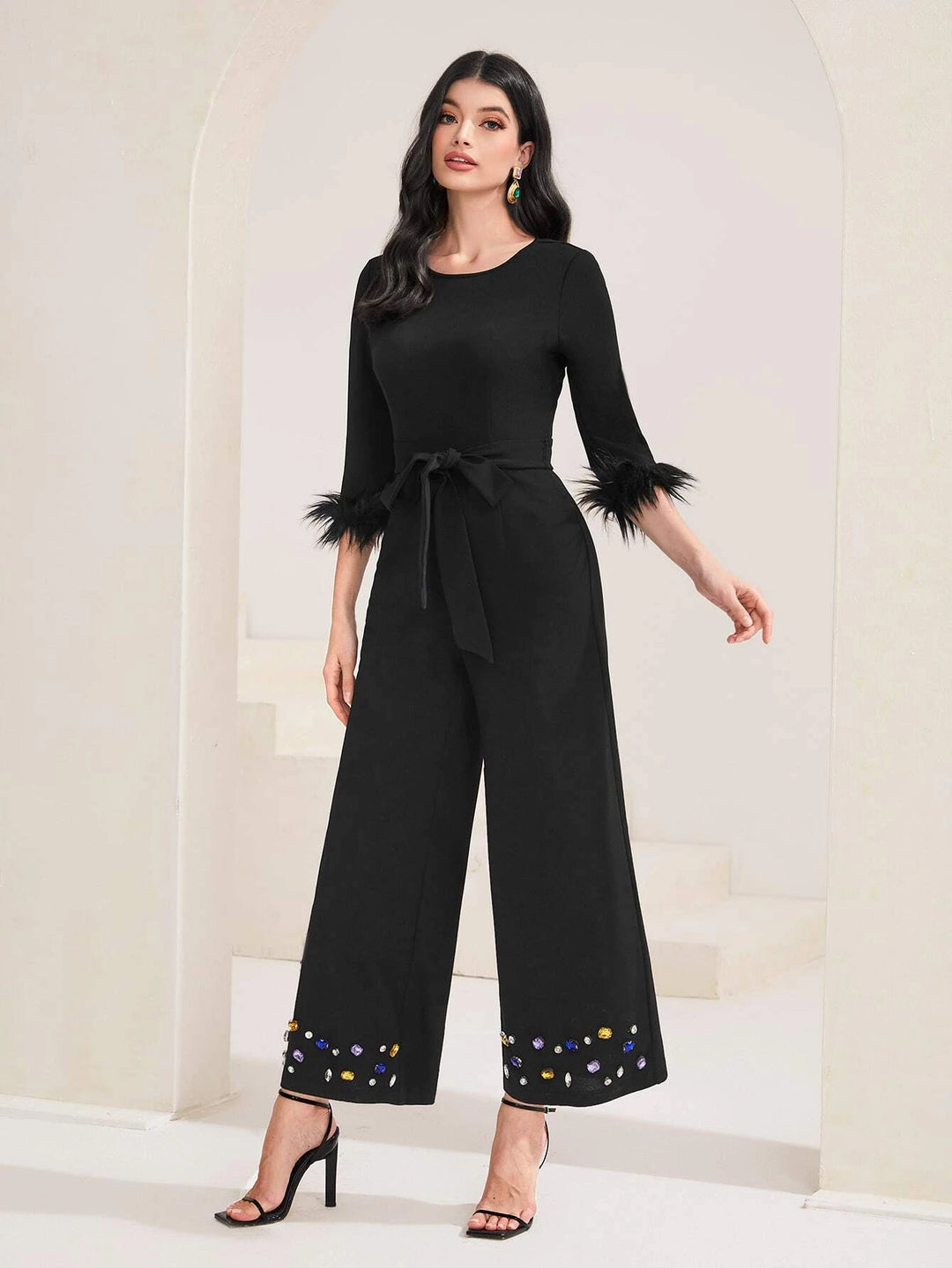 Rhinestone Detail Round Neck Belted Jumpsuit