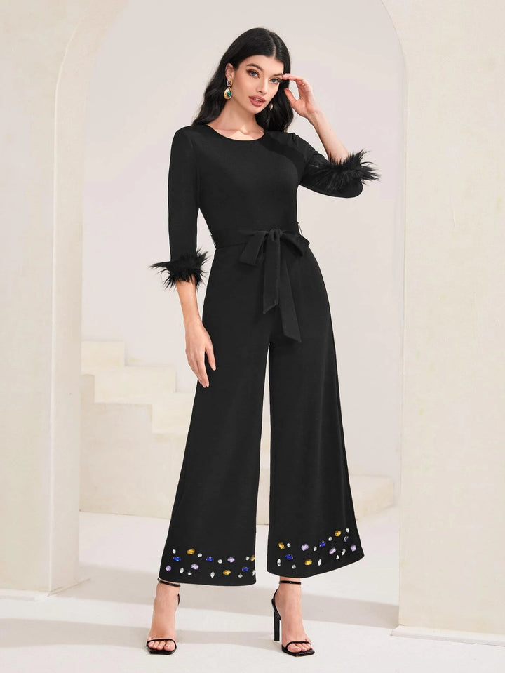 Rhinestone Detail Round Neck Belted Jumpsuit