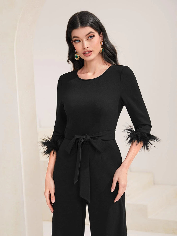 Rhinestone Detail Round Neck Belted Jumpsuit