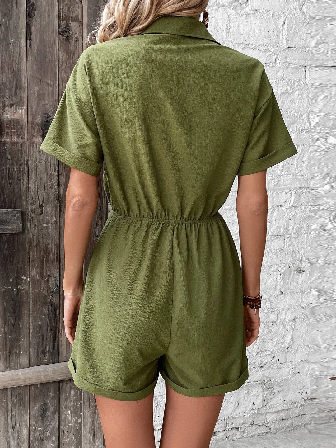 Flap Pocket Drop Shoulder Knot Front Shirt Romper