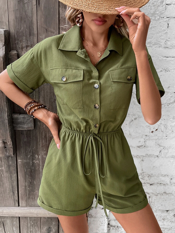 Flap Pocket Drop Shoulder Knot Front Shirt Romper