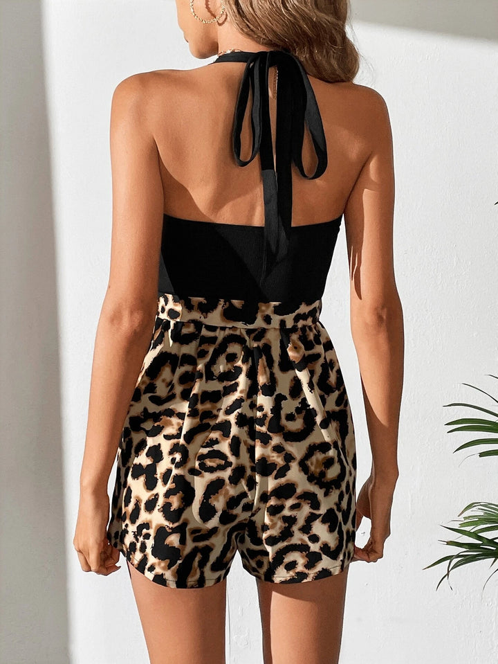 Leopard Print Halter Neck Backless Belted Romper