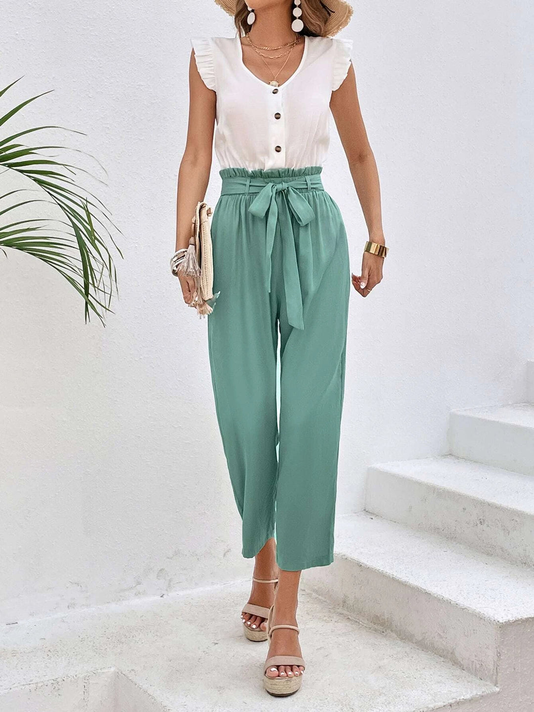 Ruffle Trim Belted Jumpsuit