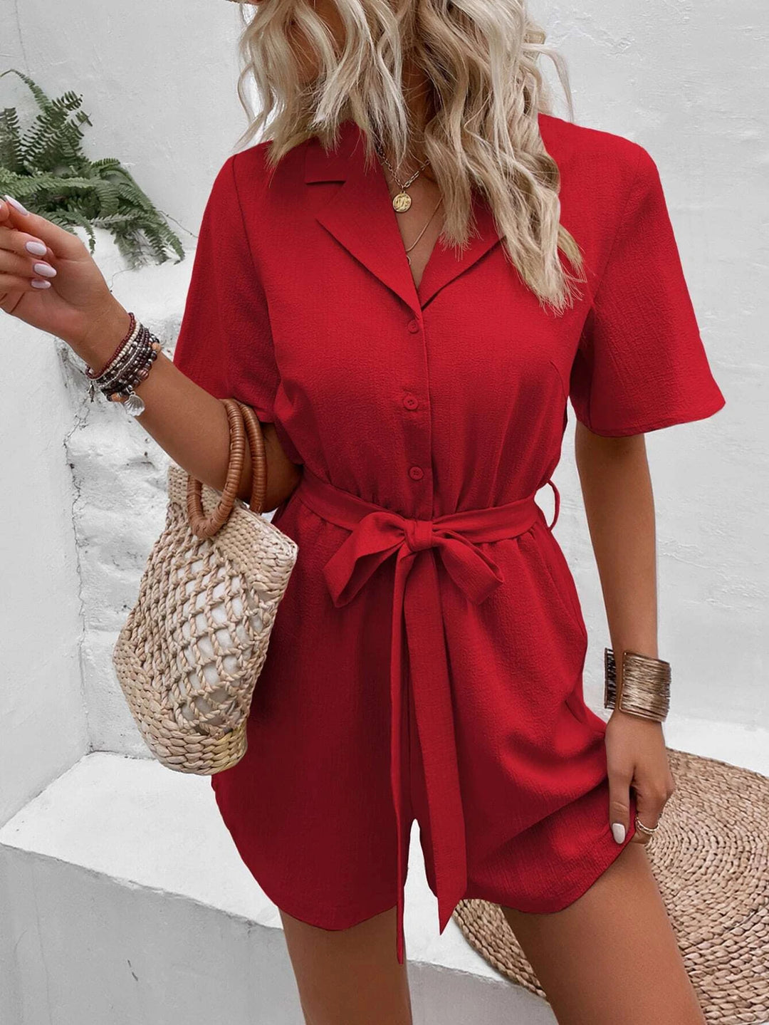 Pocket Belted Shirt Romper