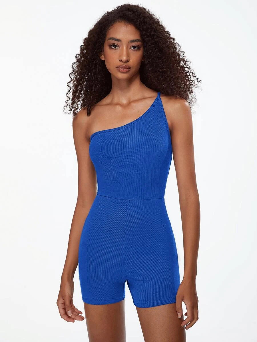 One Shoulder Ribbed Knit Unitard Romper