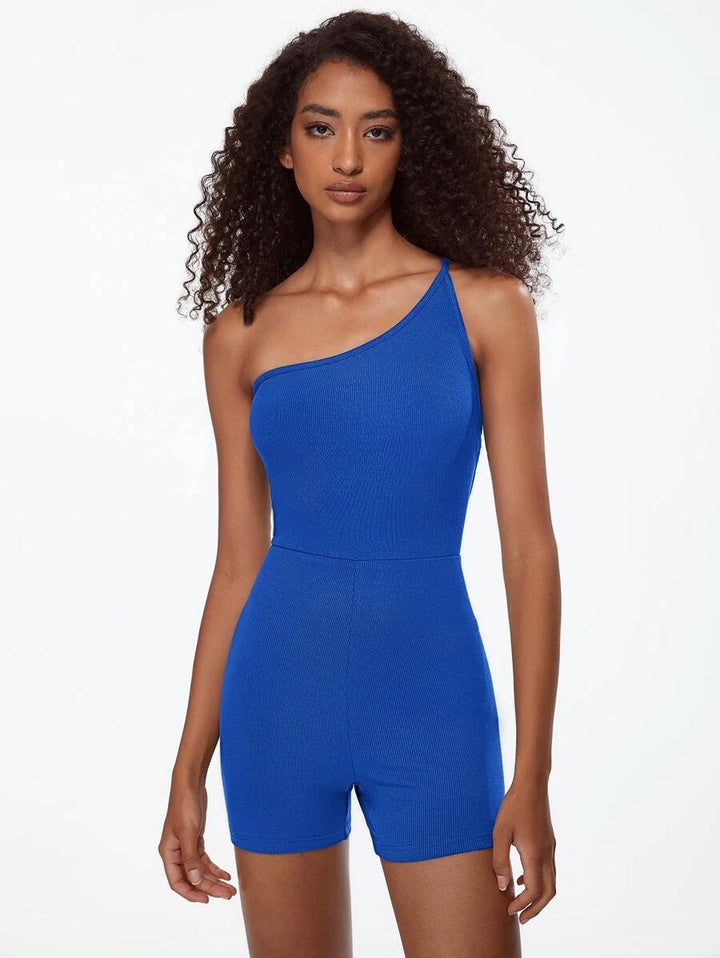 One Shoulder Ribbed Knit Unitard Romper