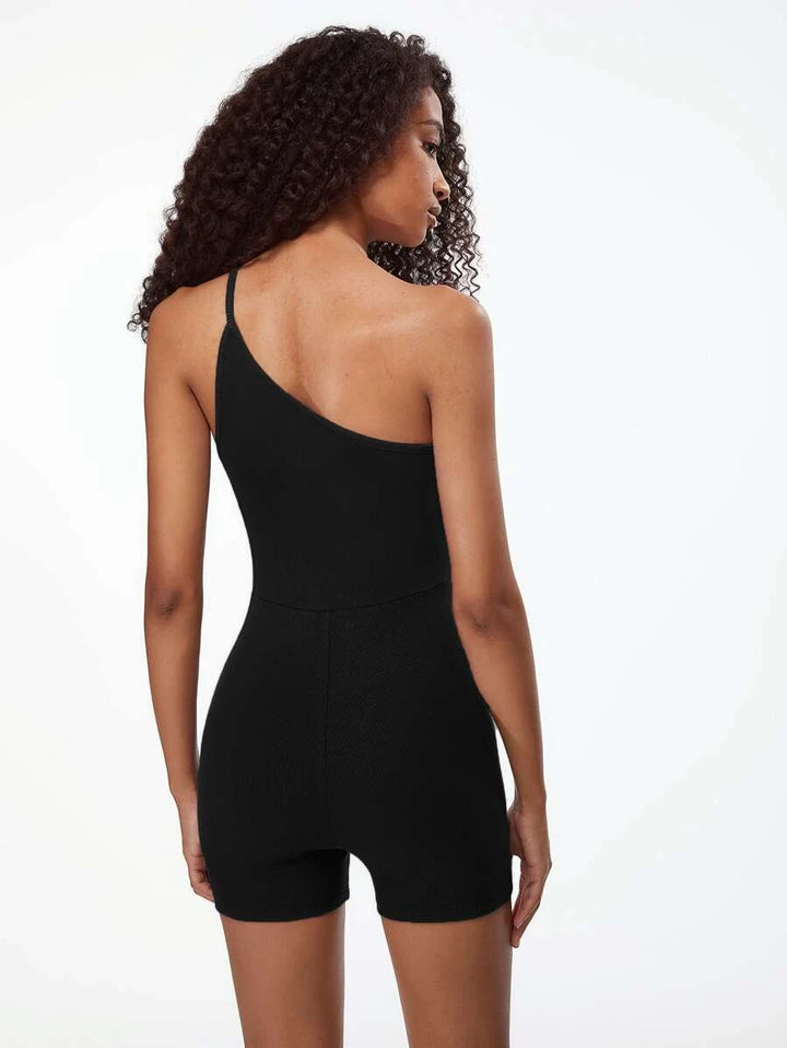 One Shoulder Ribbed Knit Unitard Romper