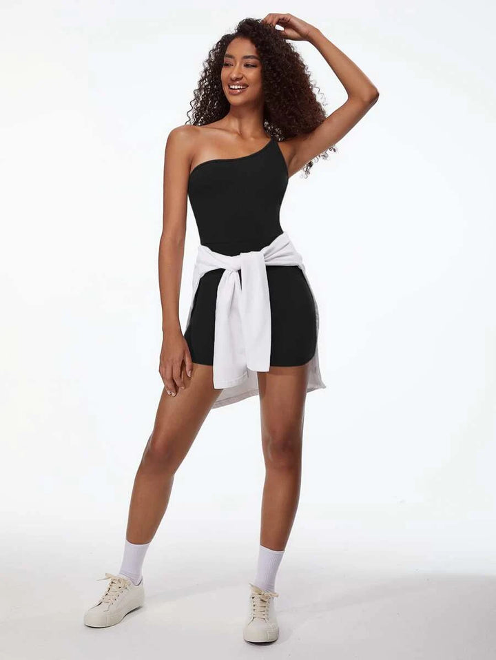 One Shoulder Ribbed Knit Unitard Romper