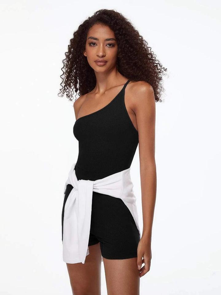 One Shoulder Ribbed Knit Unitard Romper