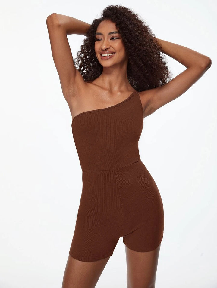 One Shoulder Ribbed Knit Unitard Romper