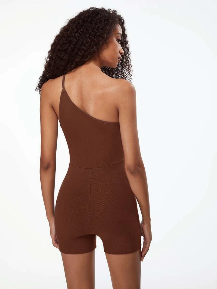 One Shoulder Ribbed Knit Unitard Romper