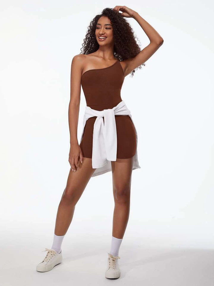 One Shoulder Ribbed Knit Unitard Romper