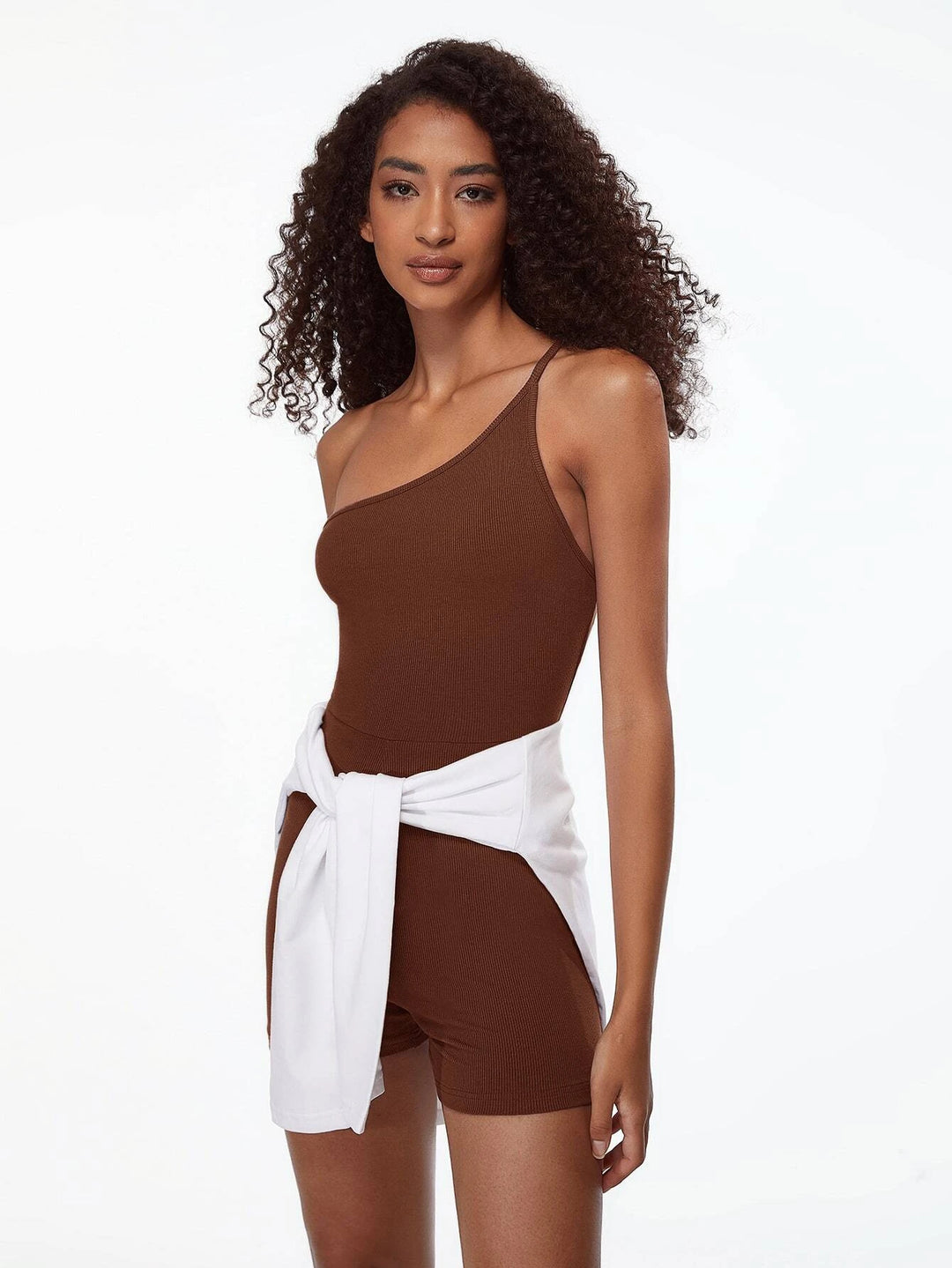 One Shoulder Ribbed Knit Unitard Romper