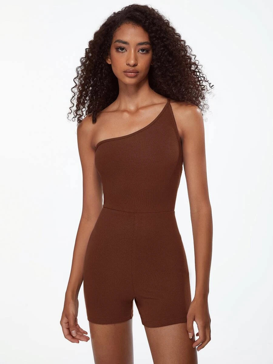 One Shoulder Ribbed Knit Unitard Romper