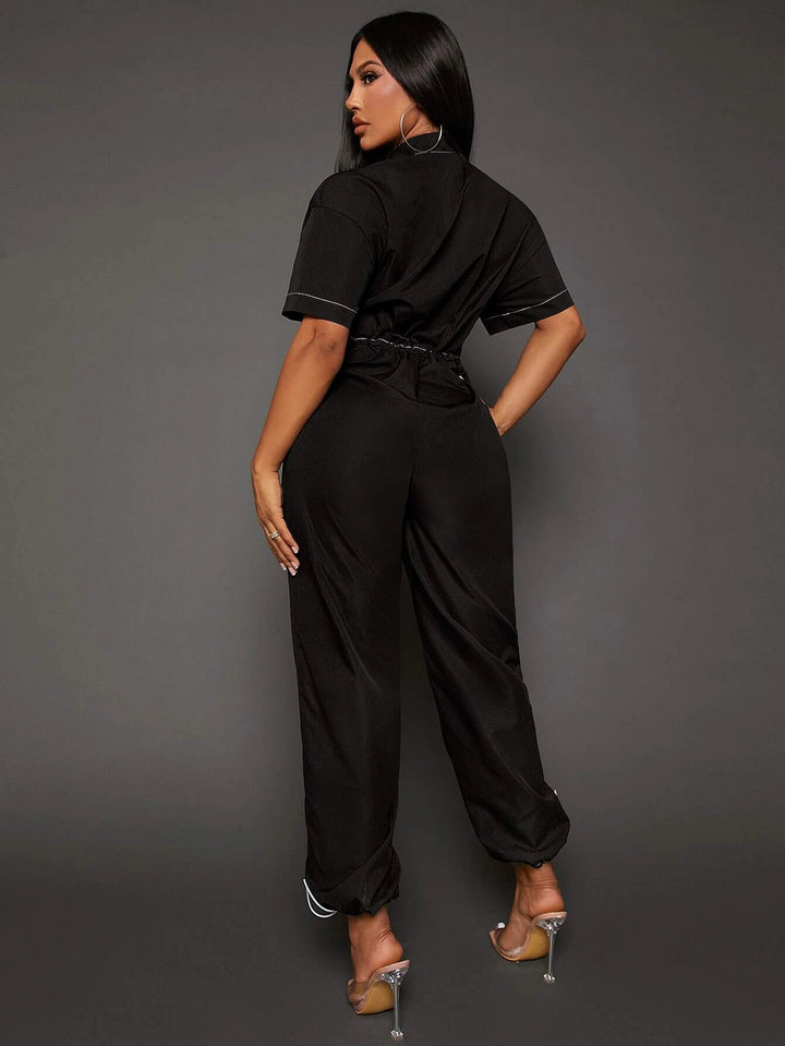 Letter Graphic Contrast Piping Drawstring Waist Jumpsuit