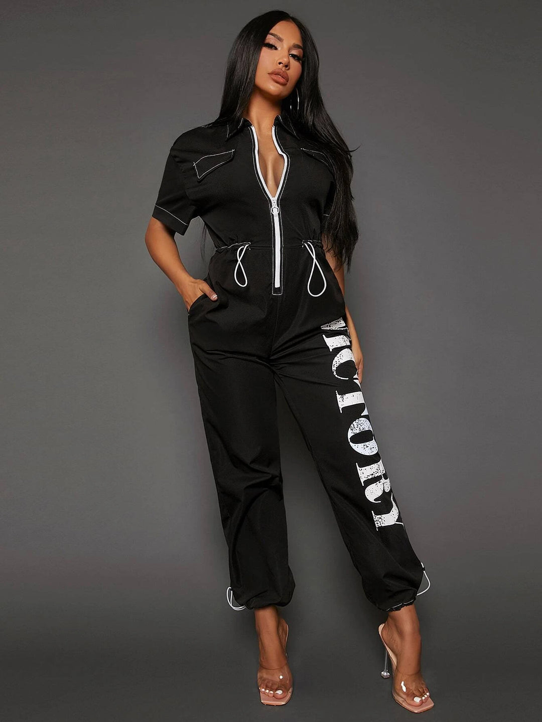 Letter Graphic Contrast Piping Drawstring Waist Jumpsuit