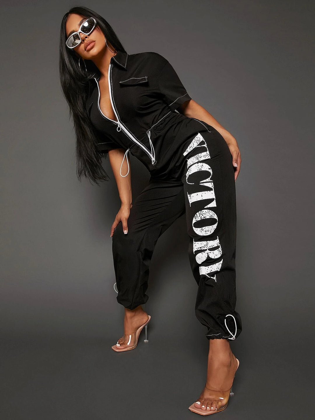 Letter Graphic Contrast Piping Drawstring Waist Jumpsuit