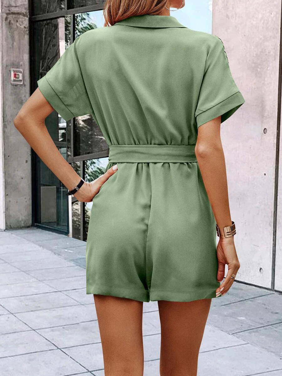 Casual Button Front Belted Shirt Romper