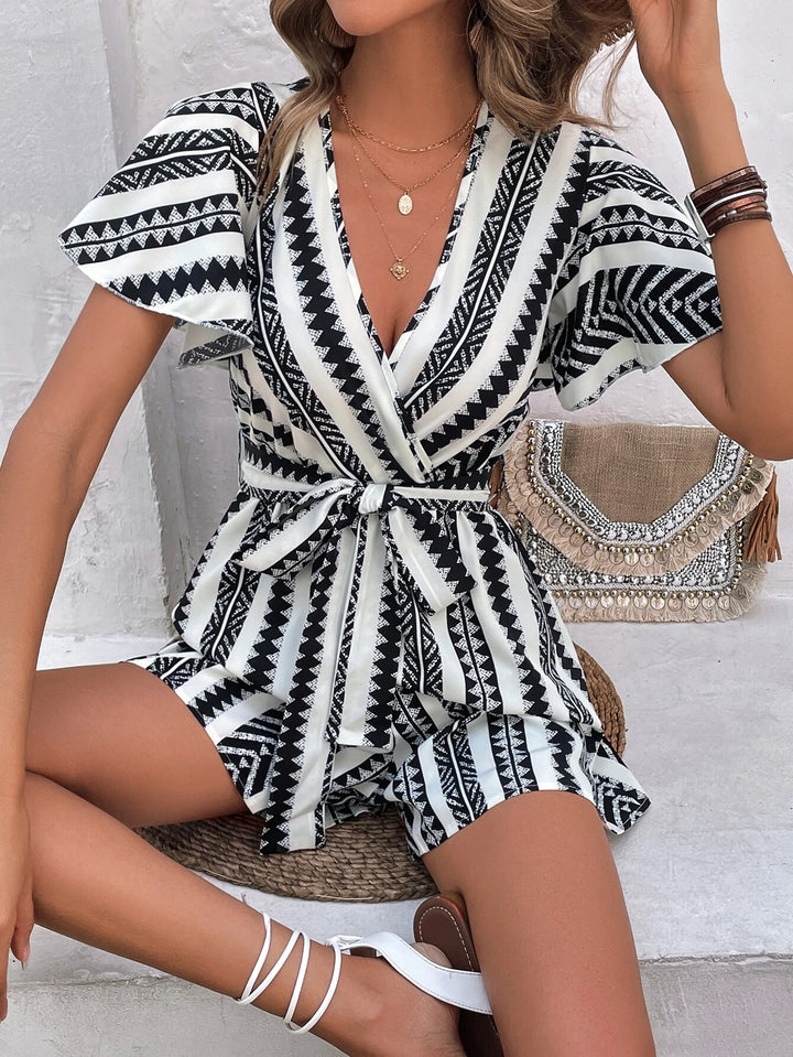 Frenchy Geo Print Butterfly Sleeve Ruffle Hem Belted Romper