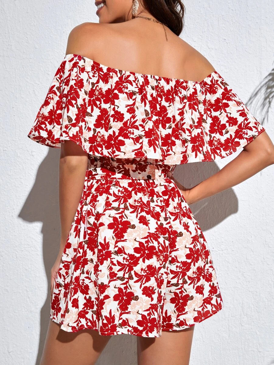 Floral Print Off Shoulder Ruffle Belted Romper