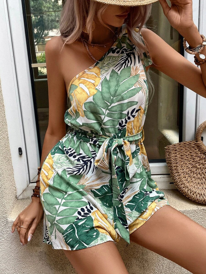 Tropical Print One Shoulder Belted Romper