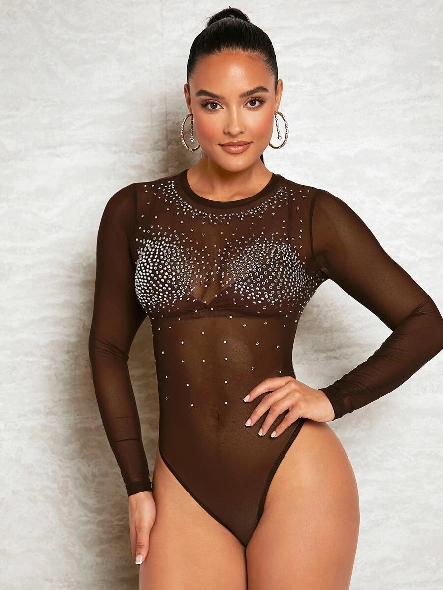 Rhinestone Detail Sheer Mesh Bodysuit Comfy Jumpsuits 